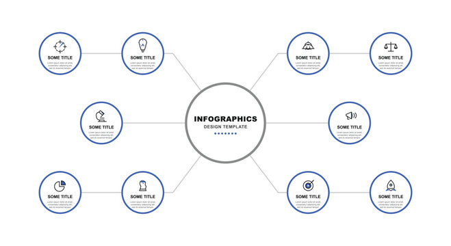 Clean eight options circular mind map infographic flowchart diagram template featuring blue round nodes and flat business linear icons