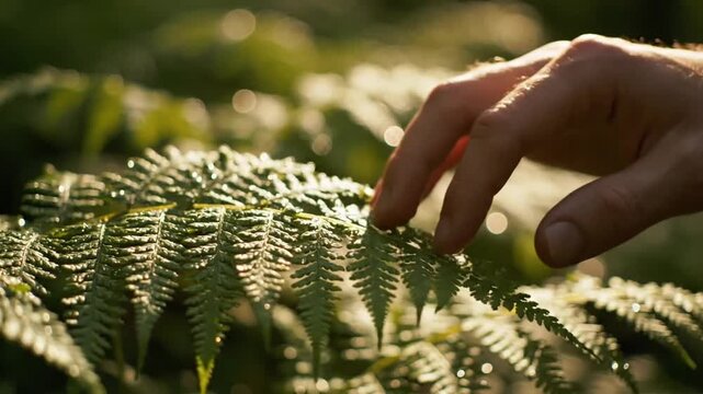 Close-up of a hand gently touching a fern in the forest.
