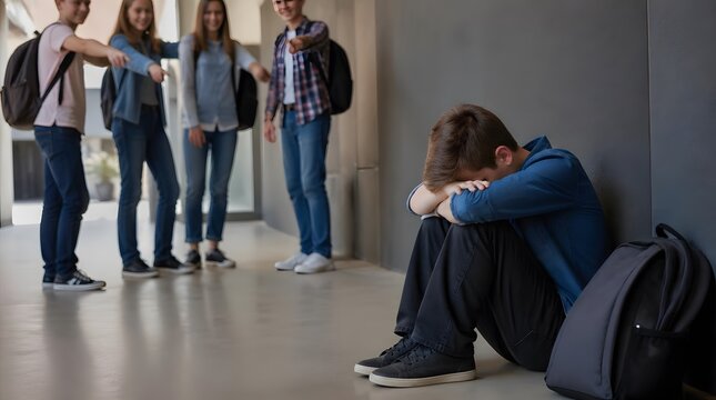 Dejected Young Man Sitting Against Wall with Group of Friends Lingering Nearby
