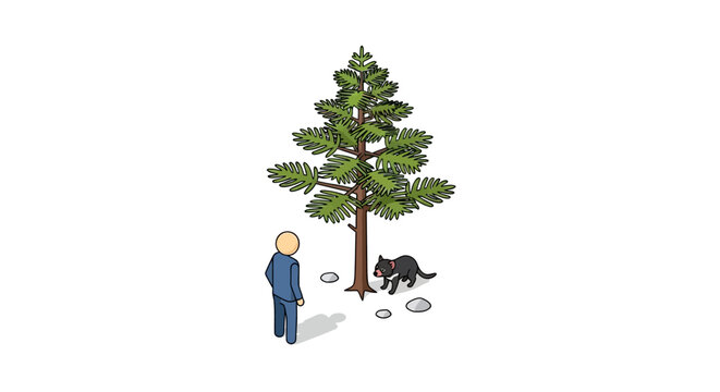 Curious child and black dog near large pine tree.