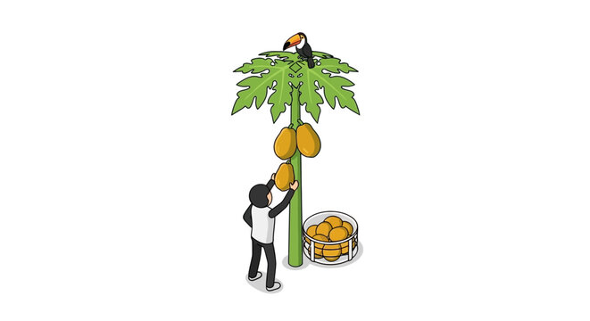 Playful cartoon character harvesting coconuts with parrot help.