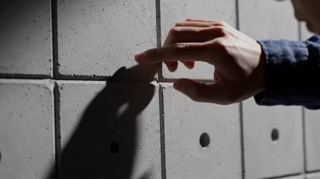 Close-up of a hand touching a textured concrete wall with shadows.