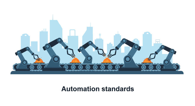 Automated industrial robotic arms operating on a manufacturing conveyor belt assembly line.