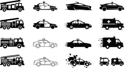 Emergency vehicle silhouettes with fire truck police car ambulance designs, transportation vector art, rescue illustration, black graphic automotive artwork elements © MDMAHOMUDUL