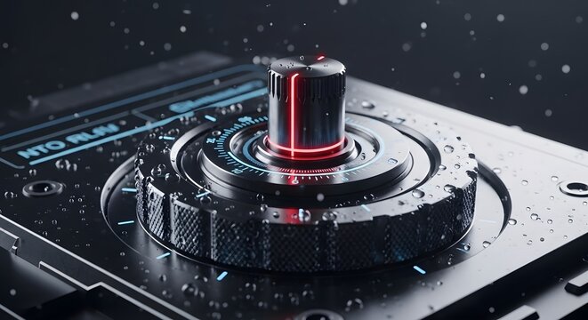 Knurled control knob covered in fresh water droplets. Waterproof electronics and climate resistance testing. Circular metallic dial panel adjusting precision dashboard settings.