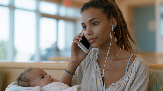 Young mother at a pediatric clinic waits with her infant while visibly on the phone managing a school pickup schedule for her older child, the institutional setting framing the relentless logistical