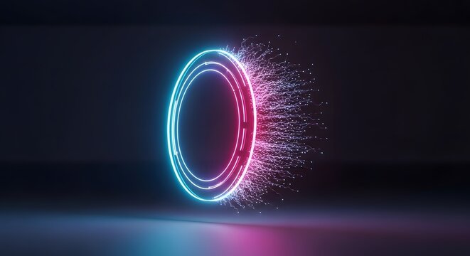 Holographic neon circle portal. Quantum computing and data streaming. Circular light ring discharging glowing energy particles in a dark room