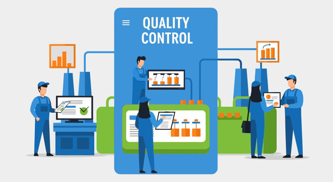 Industrial quality control team monitoring manufacturing processes with digital technology and data analytics.