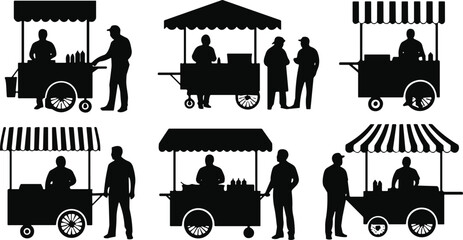 Street vendor cart silhouettes with people market designs, outdoor stall vector art, community lifestyle illustration, black graphic business artwork elements © MDMAHOMUDUL