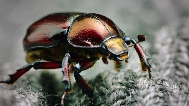 Close-up view of a metallic beetle crawling on a textured fabric surface