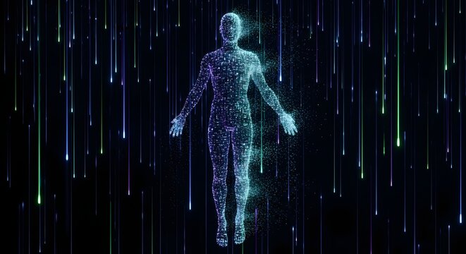 Holographic digital human body matrix. Artificial intelligence integration and cybernetics. Glowing particle figure standing amidst a data rain waterfall