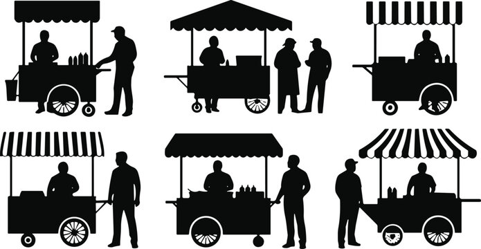 Street vendor cart silhouettes with people market designs, outdoor stall vector art, community lifestyle illustration, black graphic business artwork elements