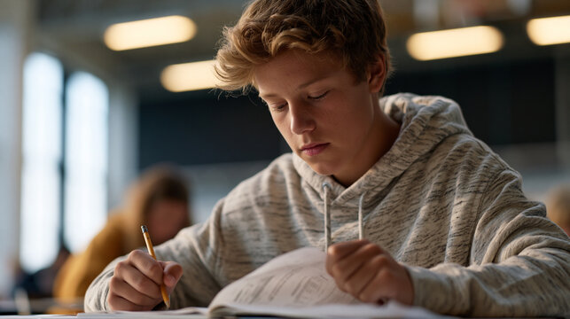 Teenage student gripping standardized test booklet at desk, knuckles tense, pencil hovering over answer sheet, gymnasium testing center, fluorescent overhead glare, academic performance anxiety, col