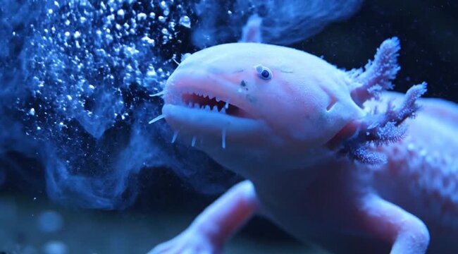 Pink Axolotl Opens Its Mouth Wide Underwater to Feed in a Dynamic Slow-Motion Macro