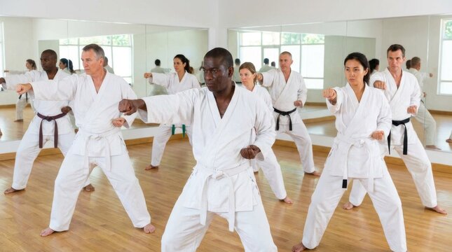 Diverse group of people practicing karate moves in a bright dojo studio wearing white uniforms.
