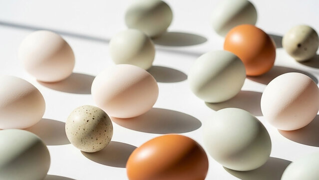 Various Colored Eggs Scattered on White Surface
