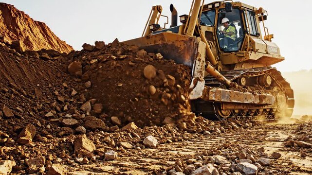 A powerful yellow bulldozer pushing large mounds of dirt and rocks across a construction site.