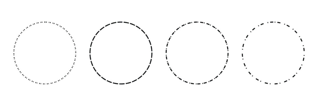 Dotted circle outline. Circle dot line set. Dashed circle icon. Abstract doted circles element. Dotted round lines. Simple dashed circle set isolated. EPS 10 .