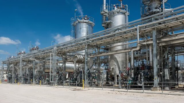 Exterior medium shot of a large crude oil desalting facility with visible piping and process tanks under clear skies highlighting chemicals separation.