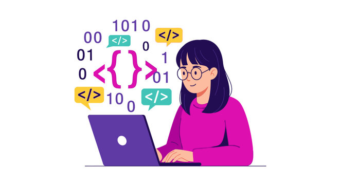 Female Software Developer Working on Laptop with Coding Symbols and Binary Code - Flat Illustration of Woman Programmer in Tech and Web Development