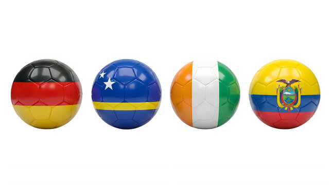 Four glossy soccer balls representing the flags of Germany Curacao Ivory Coast and Ecuador arranged horizontally against a white backdrop Isolated on transparent background