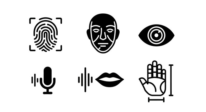 Biometric Identification Icons: Fingerprint, Face, Eye, Voice, Mouth, Hand Scan