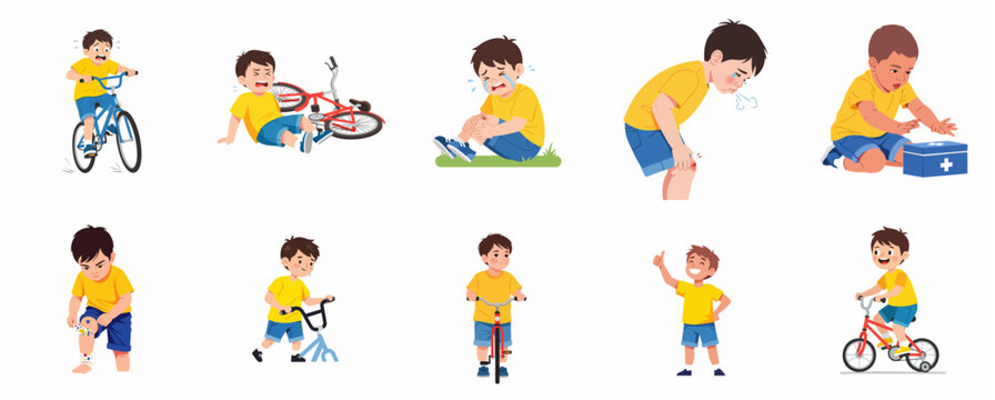 Little boy learning to ride a bicycle illustration set, kid falling off bike and getting injured, crying and applying bandage to scraped knee, childhood perseverance and safety concept