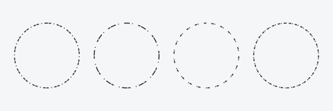 Dotted circle outline. Circle dot line set. Dashed circle icon. Abstract doted circles element. Dotted round lines. Simple dashed circle set isolated. EPS 10 .