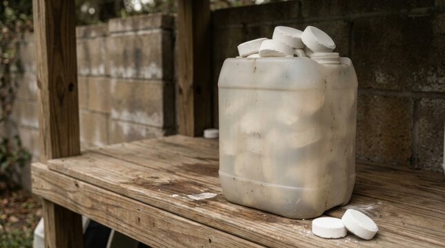 Plastic container filled with white chlorine tablets for swimming pool maintenance.