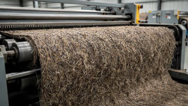 Medium shot capturing coarse fibers being processed on a robust carding and web formation line producing dense textured webs ideal for industrial felt applications.