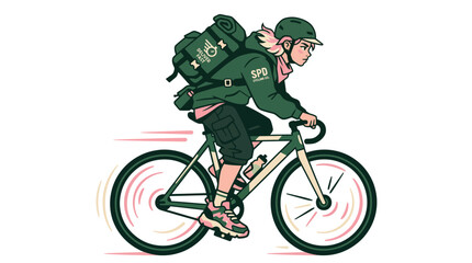 Obraz premium Female courier on bicycle delivering package vector illustration