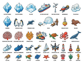 Obraz premium Isometric Arctic Expedition and Marine Life Icon Set: Polar Animals, Icebergs, Underwater Creatures, and Research Equipment Infographic Elements