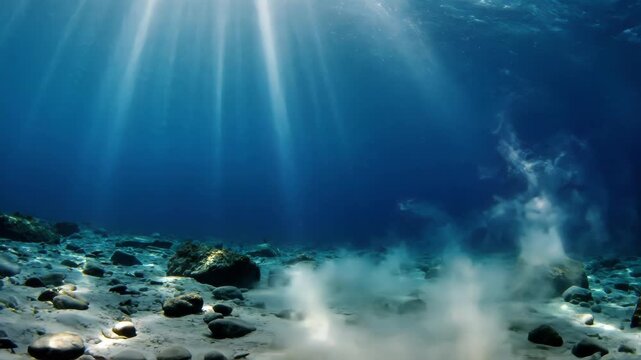 Sunlit underwater scene with rocks, sand, and disturbed sediment cloud