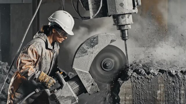 A skilled female construction worker carefully operates a diamond wire saw for precise cuts on industrial materials.