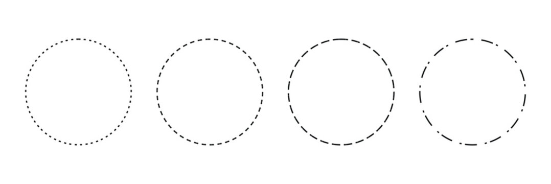 Dotted circle outline. Circle dot line set. Dashed circle icon. Abstract doted circles element. Dotted round lines. Simple dashed circle set isolated. EPS 10 .