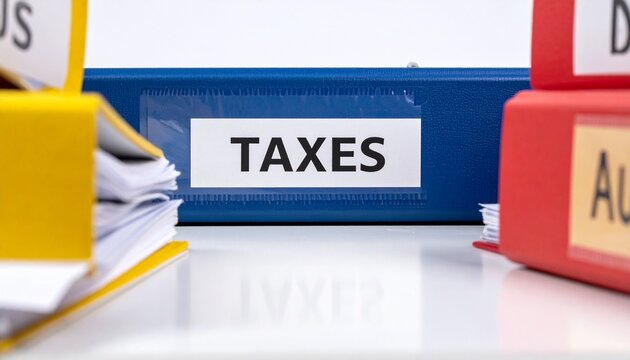 Stack of office binders labeled taxes, organized paperwork and financial record keeping
