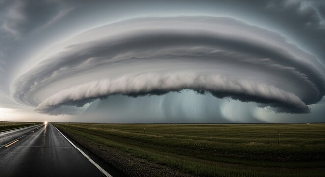 Dramatic Supercell Thunderstorm Approaching Over Vast Plains with Rain Shafts and Cumulonimbus