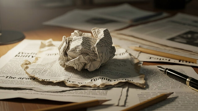 Crumpled Newspaper Page with Fountain Pen and Pencils