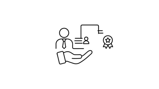 Animated employee profile evaluation with hand holding qualification documents and award badge line icon on white background. Loop animation of human resources, recruitment, and career success concept