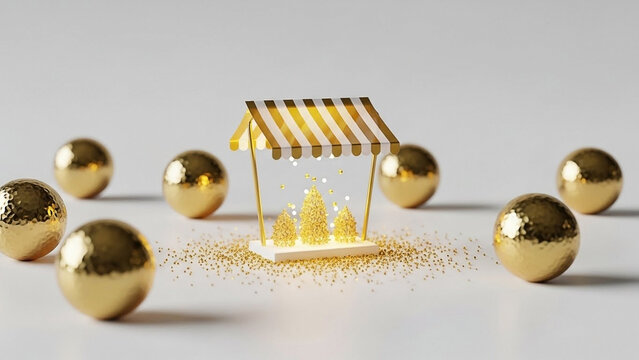 Golden Christmas Market Stall with Festive Orbs