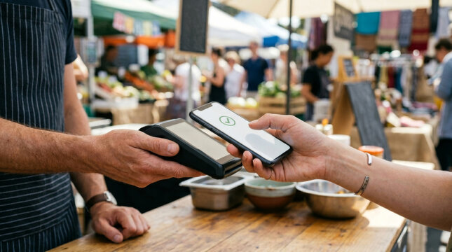 A woman uses her smartphone to make a contactless payment at a lively outdoor market, showcasing modern convenience.