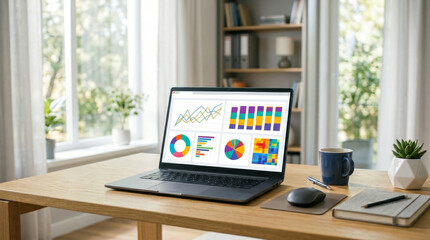 Fototapeta premium A modern workspace with a laptop displaying colorful data charts, surrounded by plants and natural light.