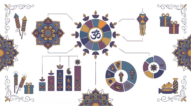 Vibrant infographic elements with om symbol and decorative mandalas on white background