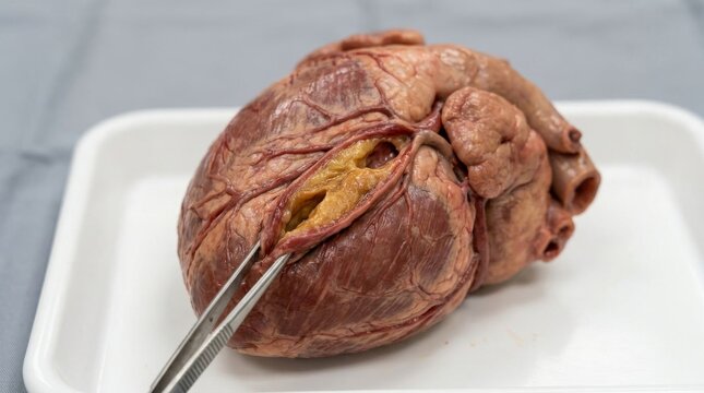 Anatomical heart specimen dissected for medical and biological study.