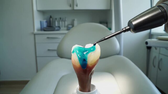 Dentist applying blue acid etching gel on a tooth model for procedure