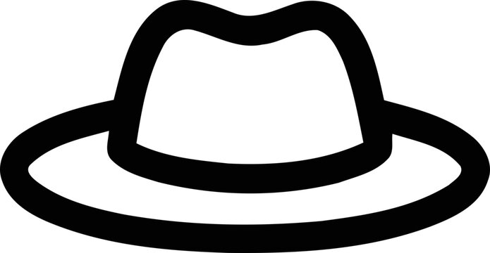 Minimalist black fedora hat icon, simple outline illustration, isolated on white background.