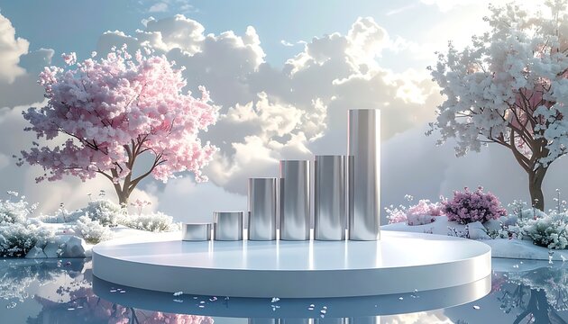 Metallic bars ascend on a platform amidst cherry blossoms under a cloudy sky, reflected in calm water