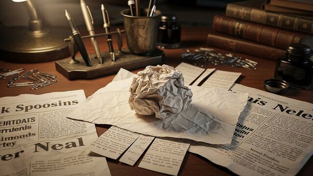 Vintage Desk with Crumpled Paper, Pens, and Books