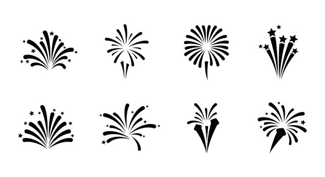 Collection of Stylized Firework Explosions Icons, Celebration Graphics