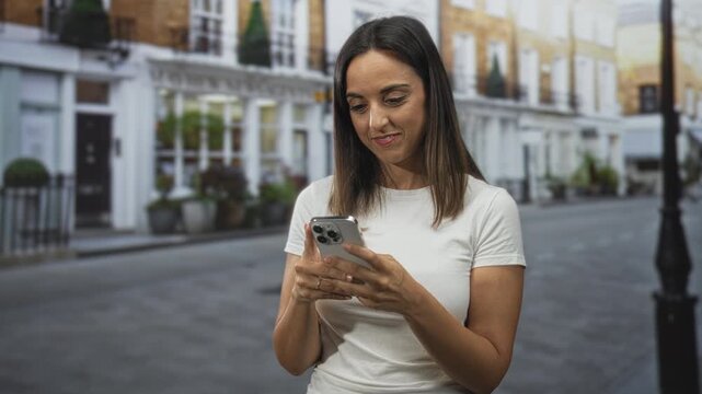 Young hispanic woman scrolling smartphone with both hands visible and slight smile, standing near white row houses on a street; calm focus.